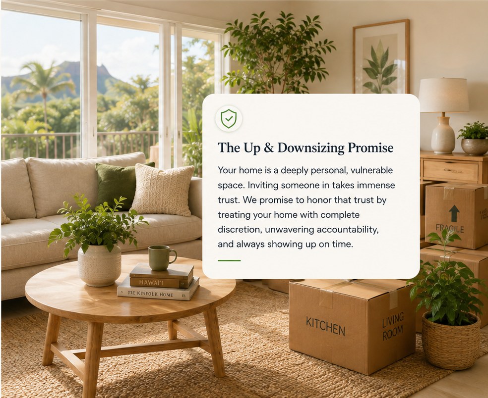 A sunlit Oʻahu living room with packed moving boxes ready for a transition