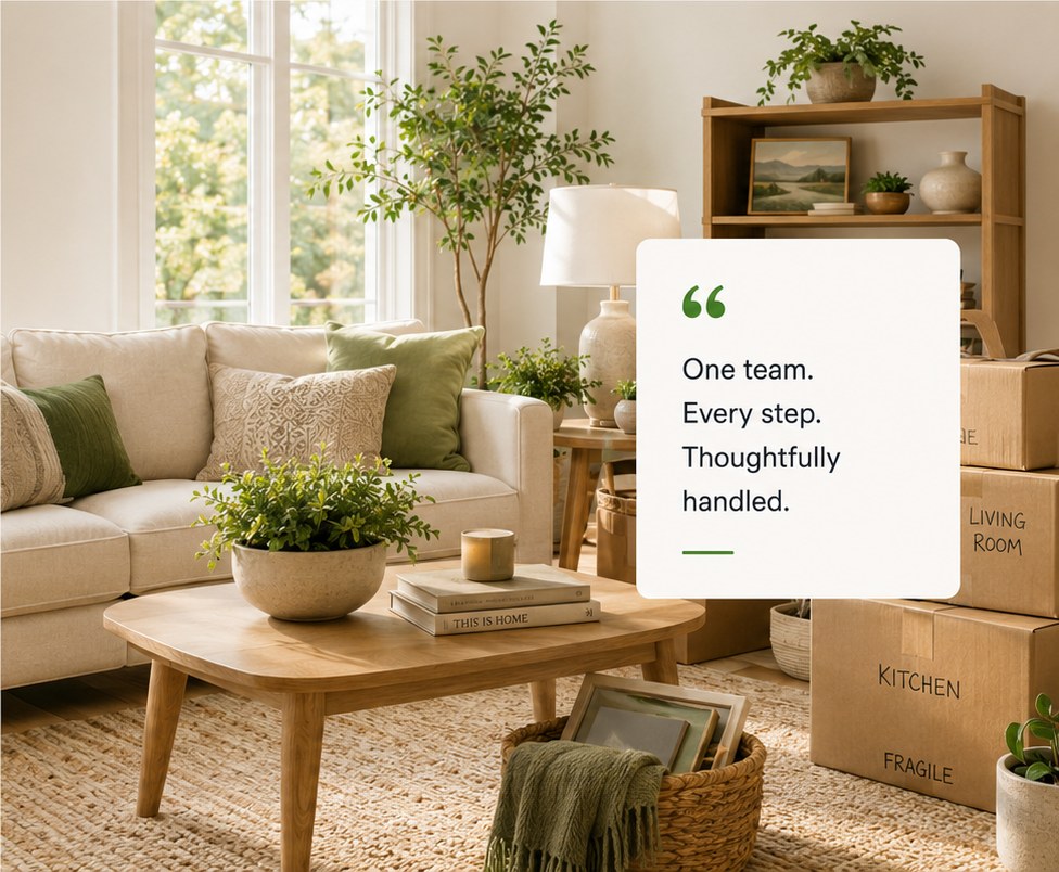 A calm, styled living room with packed boxes ready for a coordinated move