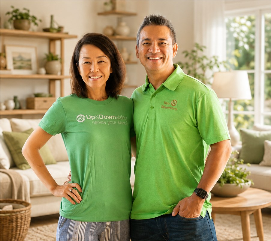 Joseph and Kaori, founders of Up & Downsizing, standing together in a client’s living room