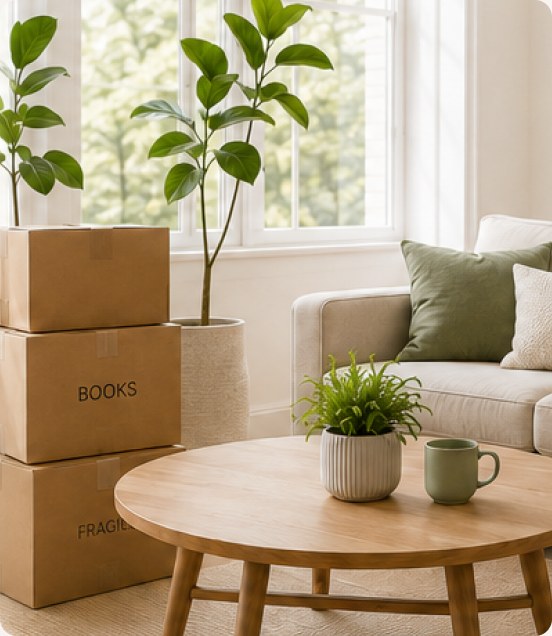 Labelled moving boxes beside a plant and a low table in a bright living room