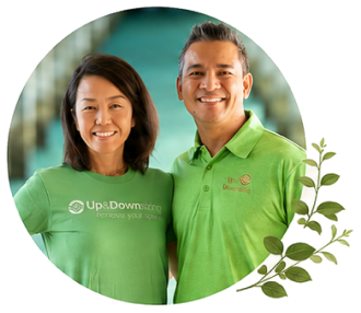 Joseph and Kaori in Up & Downsizing team shirts