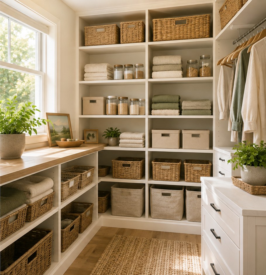 An organized pantry with labelled baskets and neatly arranged shelves