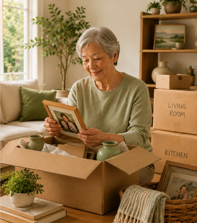 A kūpuna carefully unpacking a framed photograph from a labelled moving box