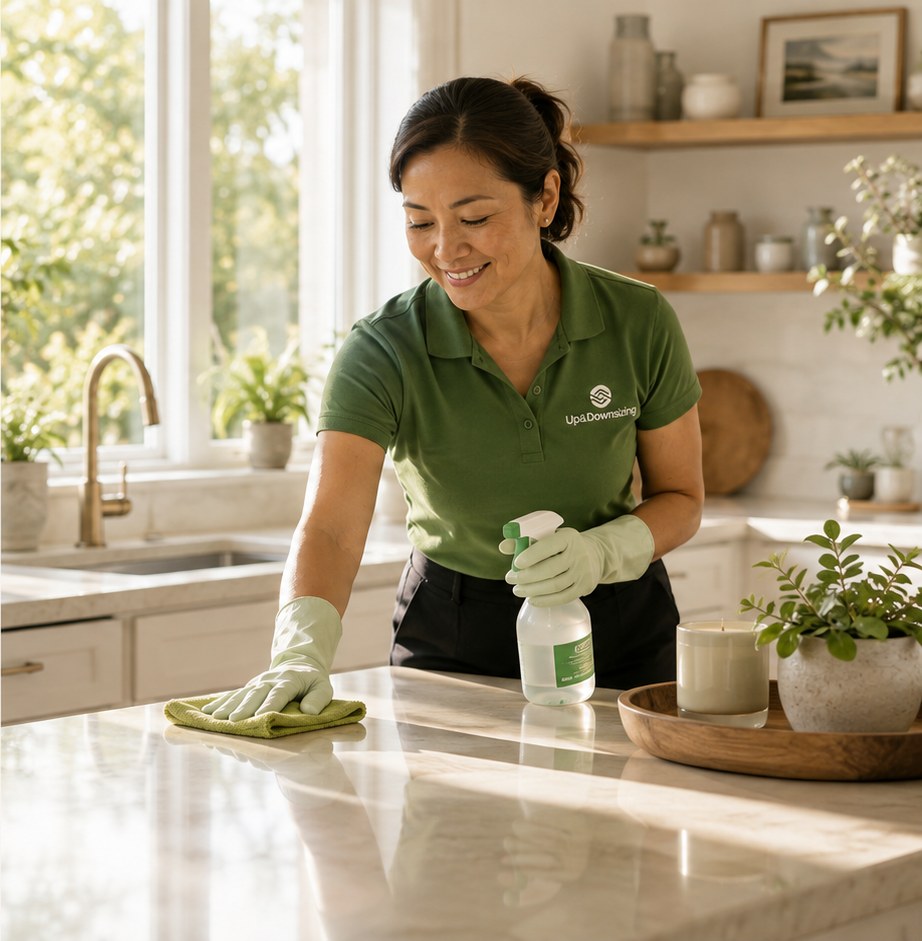 An Up & Downsizing team member deep-cleaning a bright kitchen counter