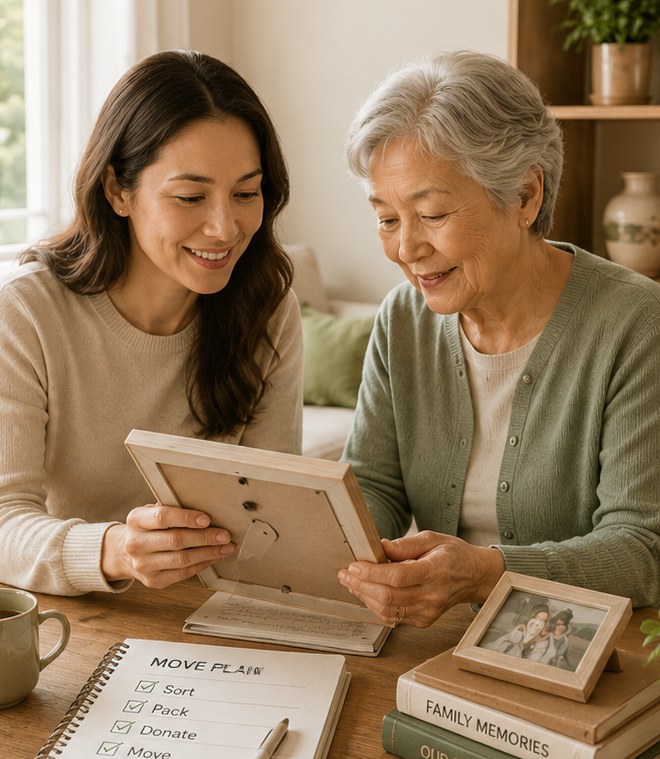 An adult daughter and her mother looking together at a framed family photograph