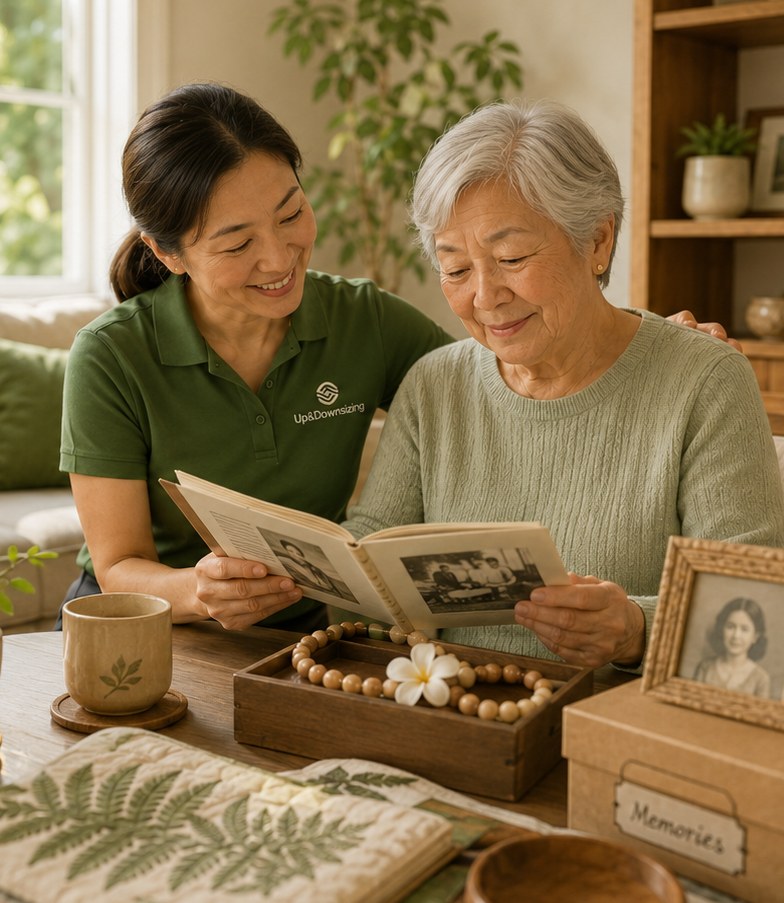 A team member sitting with a kūpuna as she sorts through keepsakes and photographs