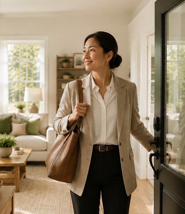A professional arriving home to a calm, well-kept living space