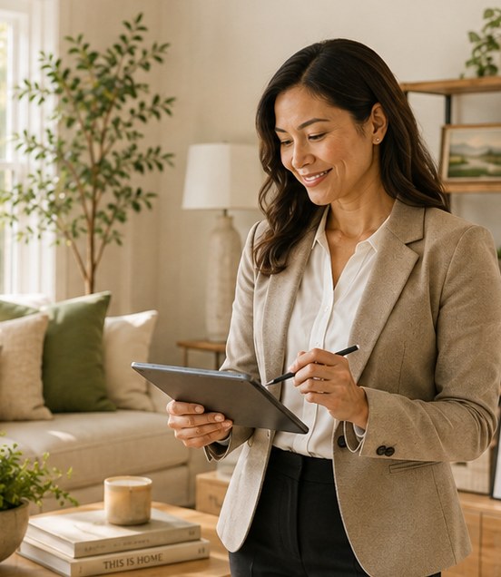 A realtor reviewing a listing on a tablet inside a staged, market-ready home