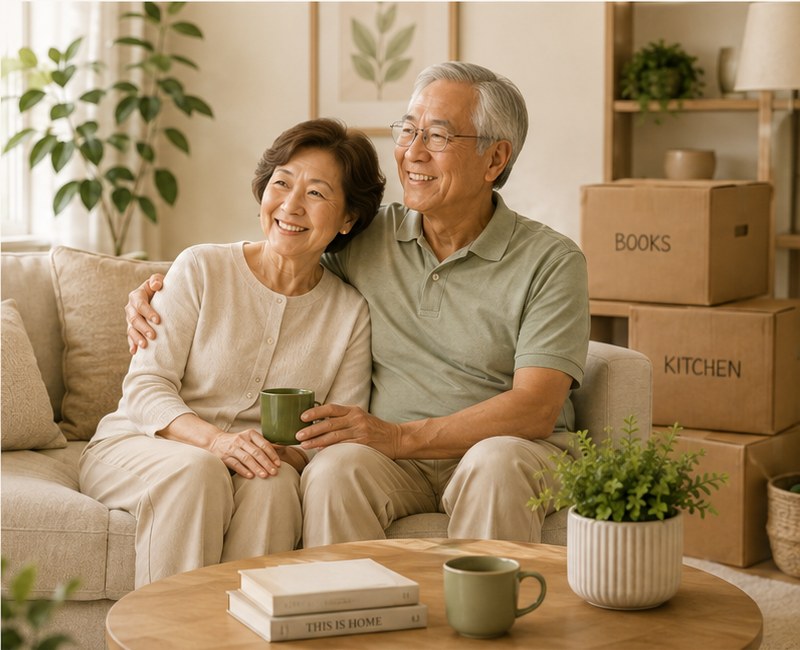 A kūpuna couple relaxing together on their sofa surrounded by labelled moving boxes